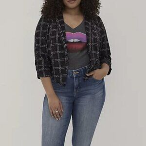 TORRID Blazer sz 2X Black White Plaid Print Blazer Open Front 3/4 Ruched Sleeve